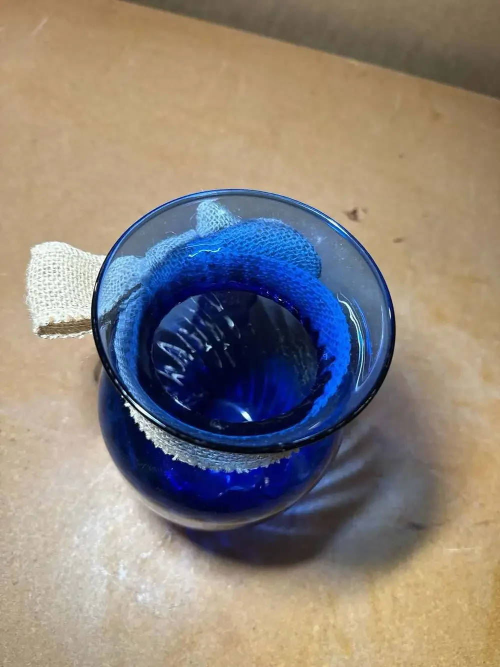 Cobalt Blue Glass Vase with Burlap Ribbon Accent